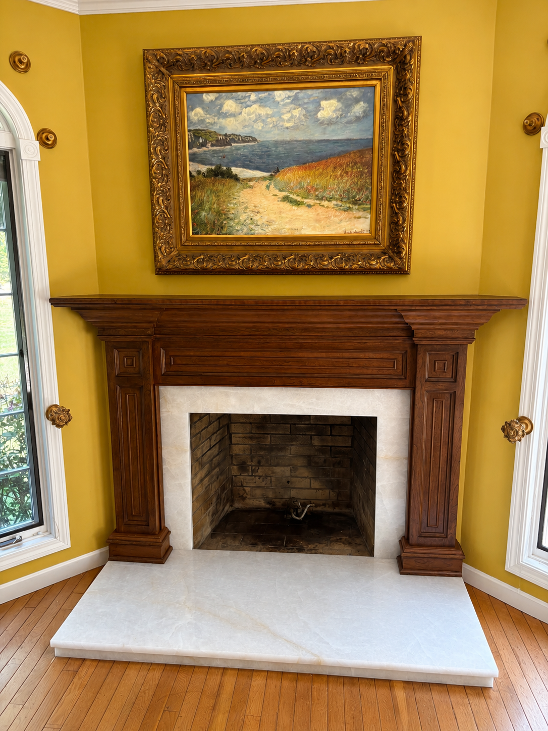 Finished mantel and quartz hearth